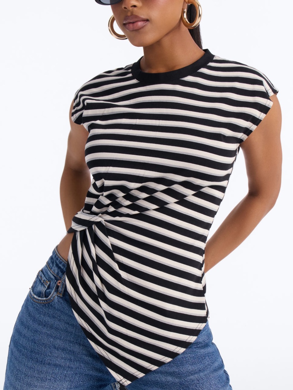 Striped Asymmetrical Ruched Short Sleeve Top - Black & White